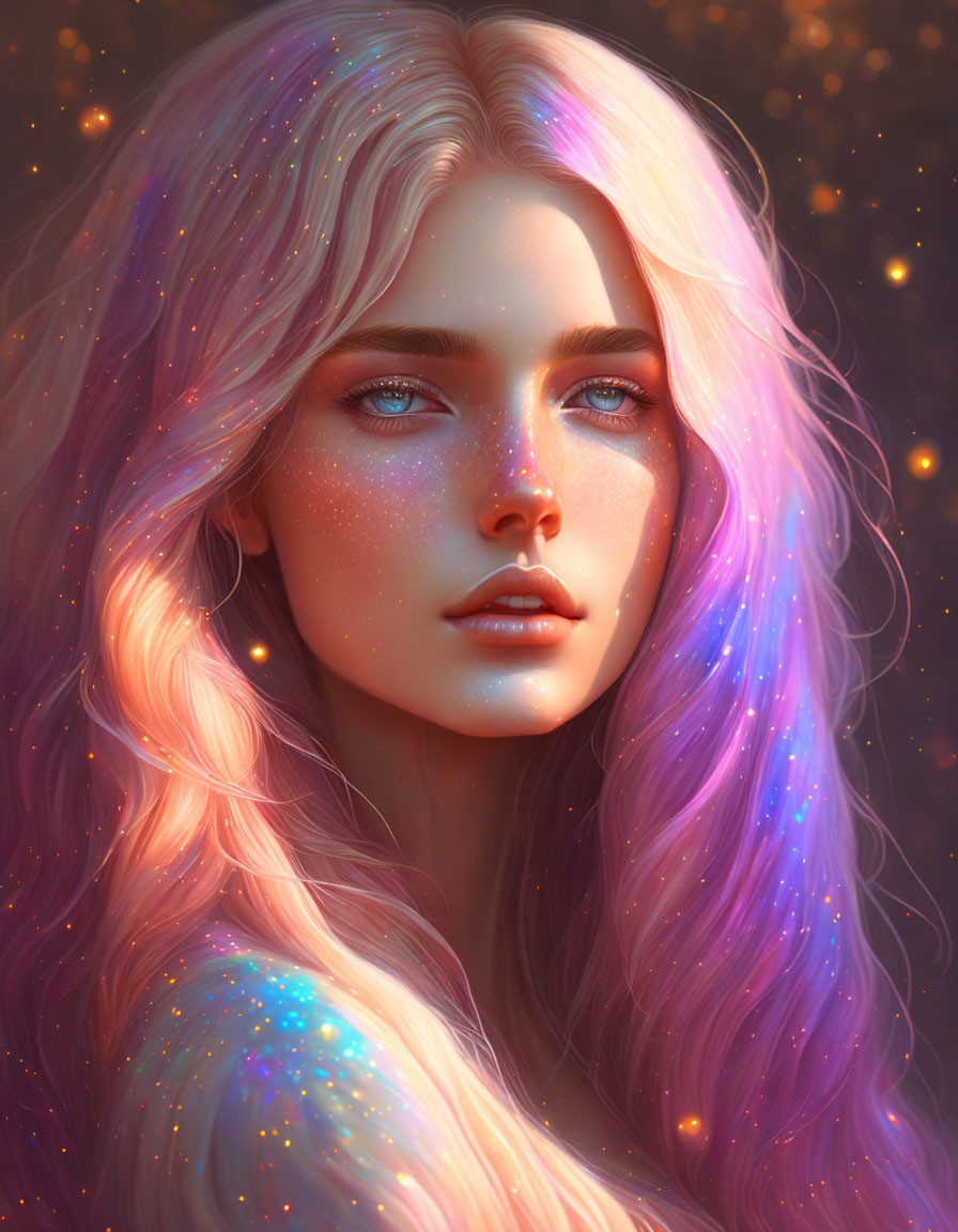 Digital portrait of woman with pastel hair on warm amber background