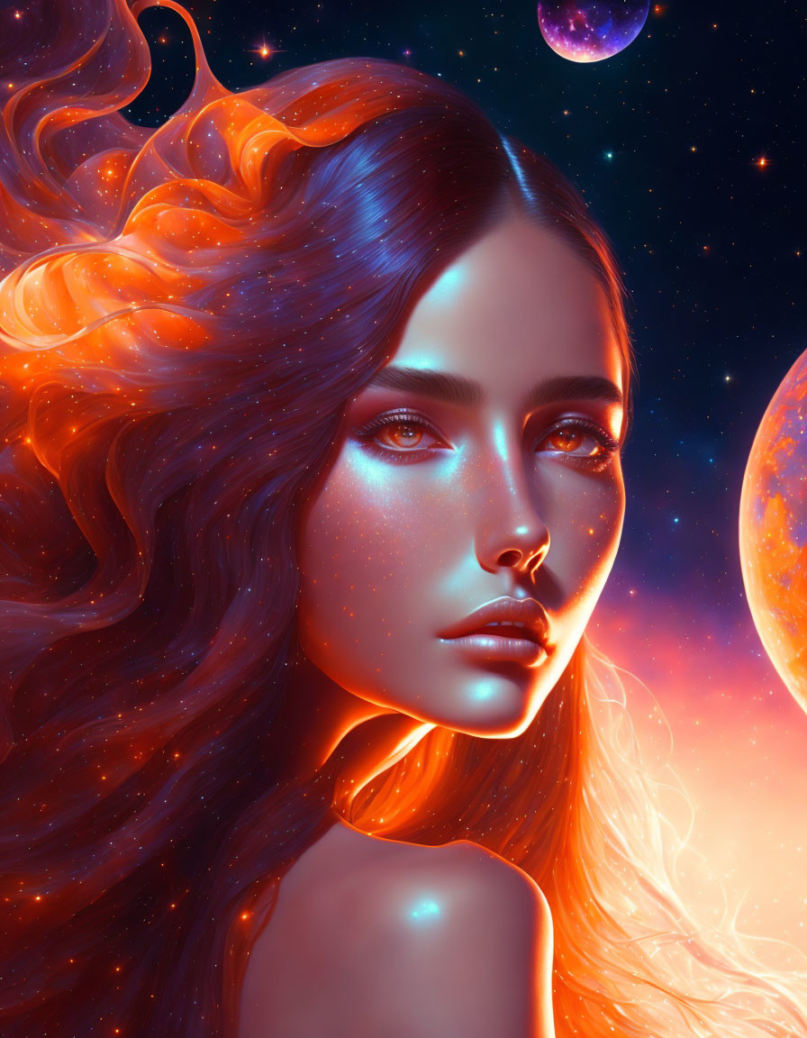 Surreal portrait of a woman with fiery hair in cosmic setting