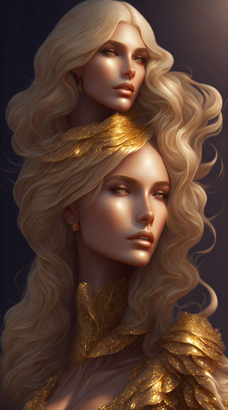 Ethereal illustration: Two women with golden hair and leaf-adorned attire