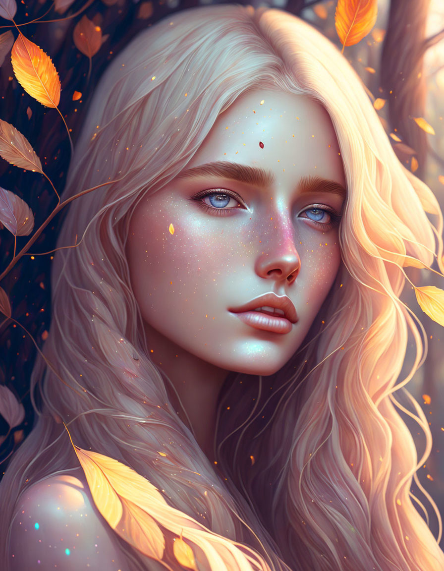 Blonde Woman with Blue Eyes Surrounded by Golden Leaves