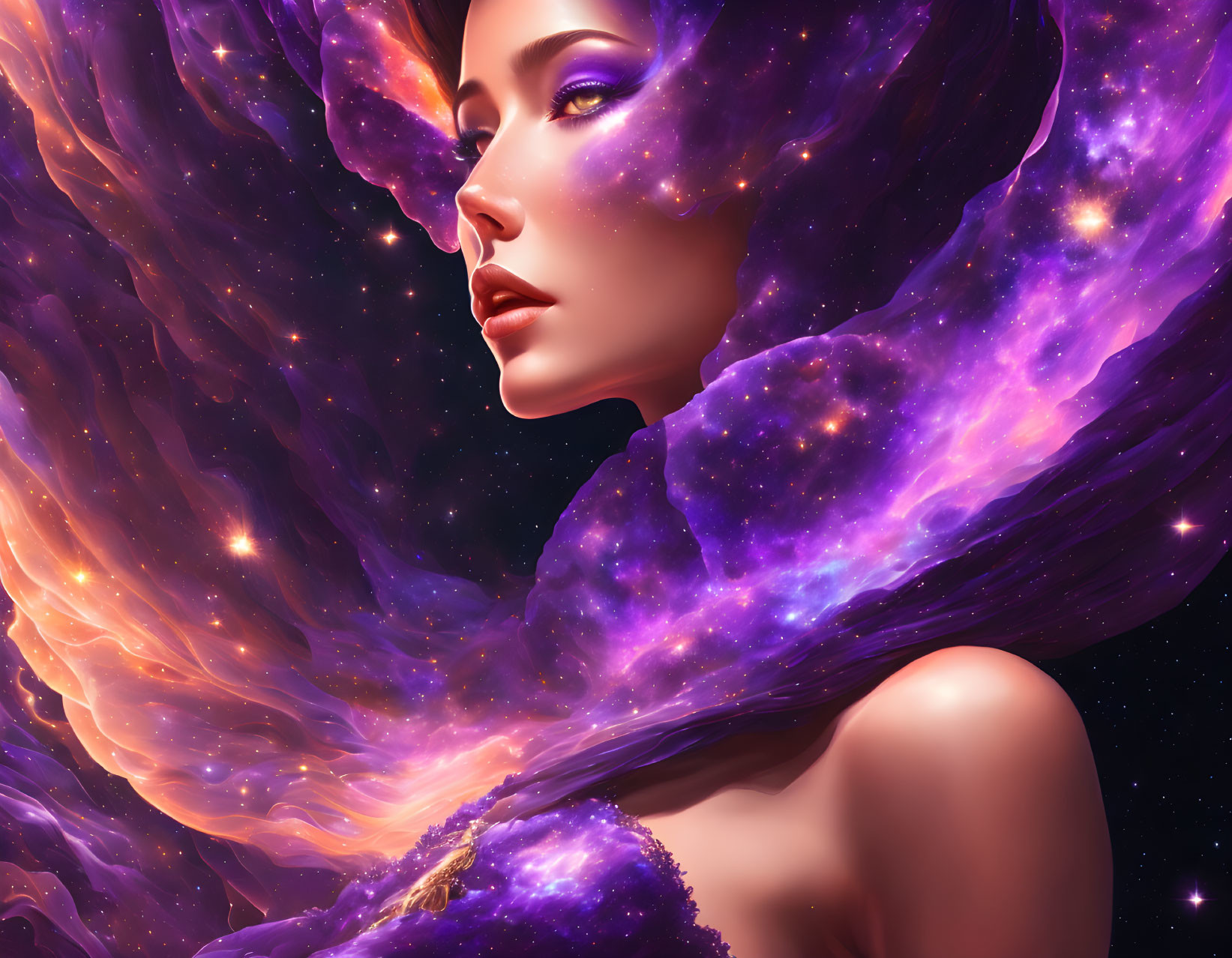Cosmic woman with star-filled hair in space scene