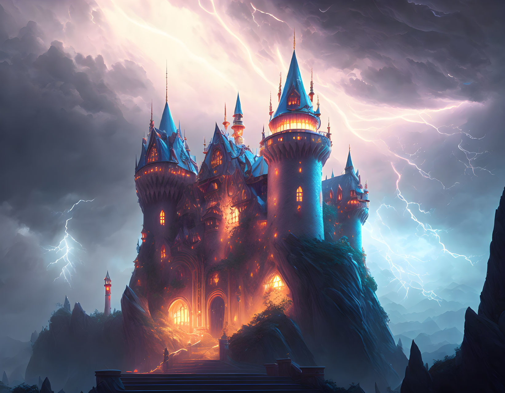 Castle on craggy cliff with purple lightning storm sky