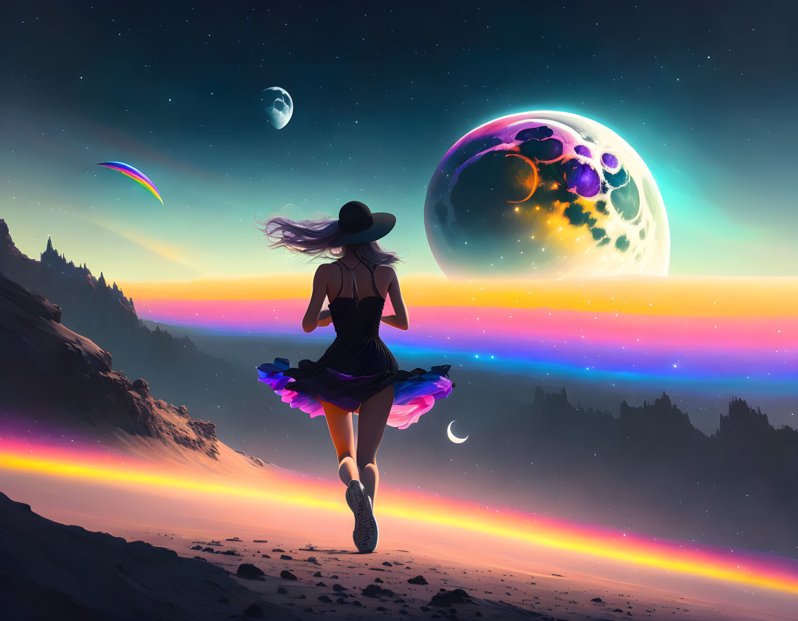 Woman in hat and dress running in surreal landscape with colorful skies and oversized celestial bodies