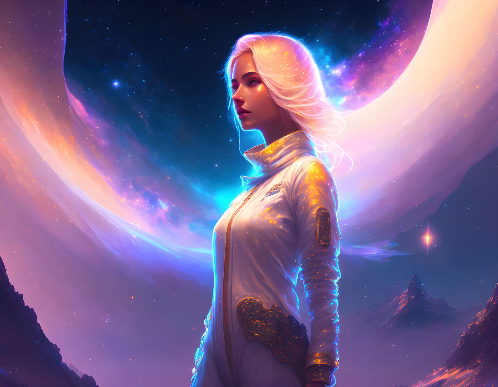 Digital artwork of woman with white hair under crescent moon