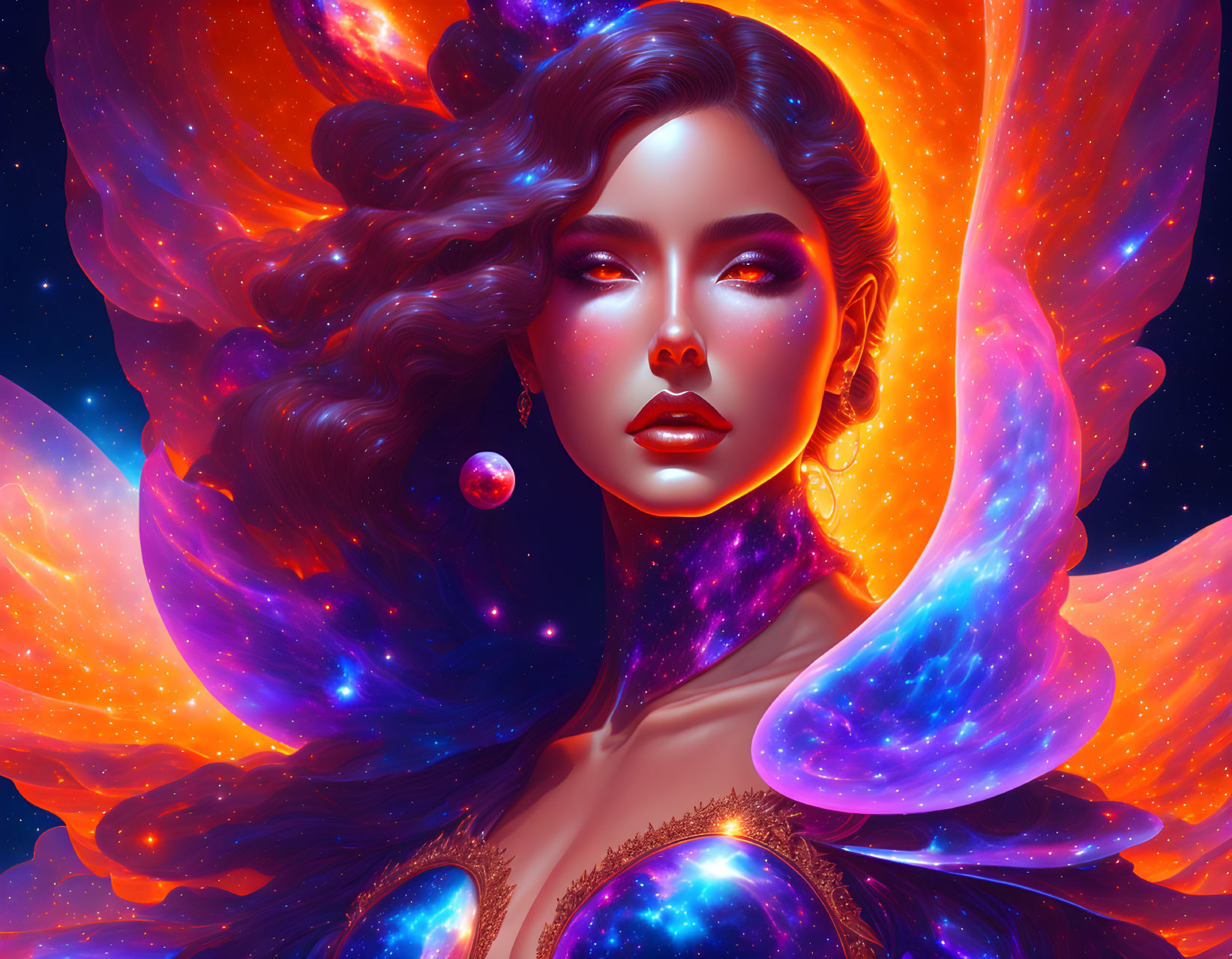 Cosmic-themed woman surrounded by stars and nebulae