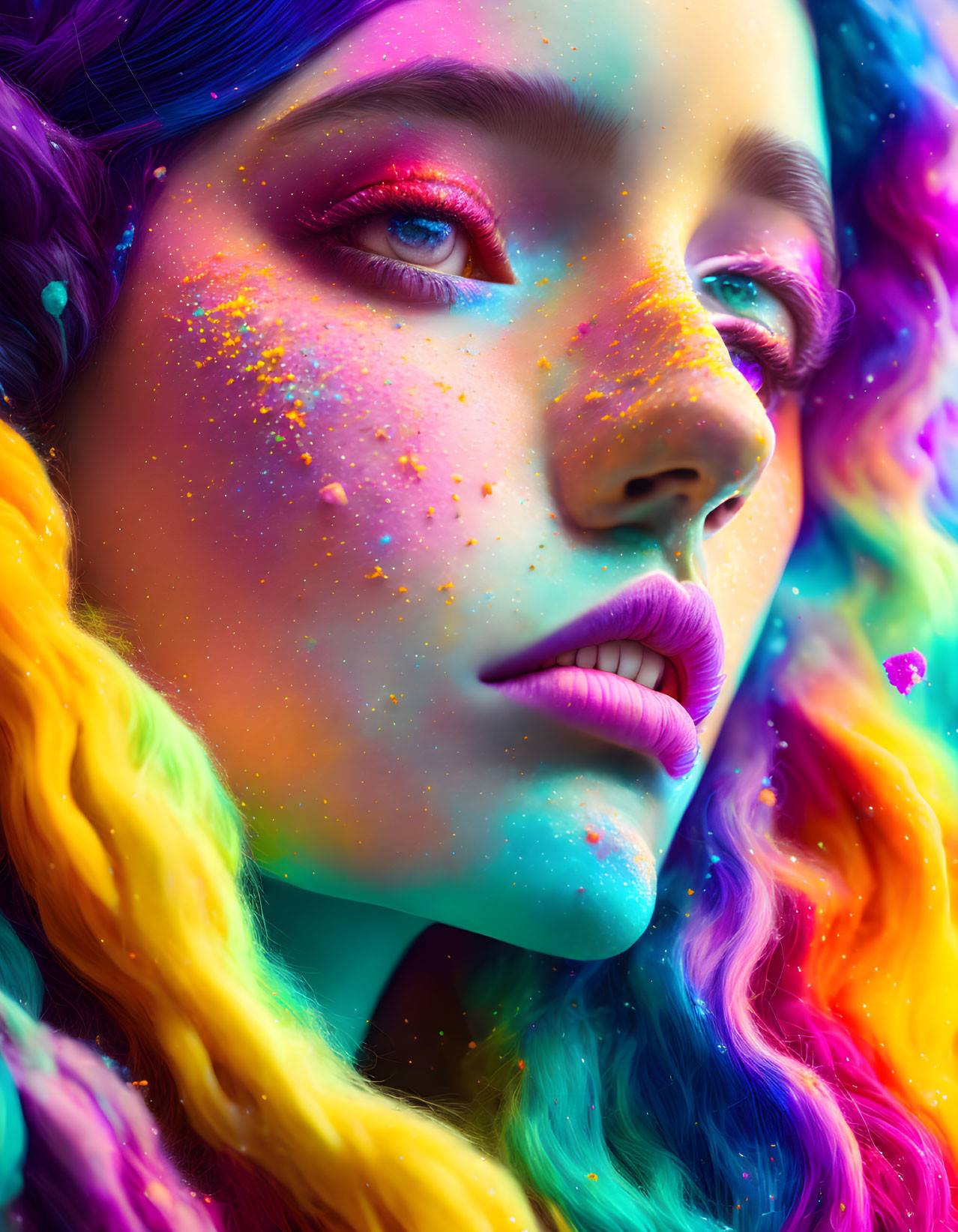 Colorful portrait of person with iridescent skin, rainbow hair, and glitter makeup