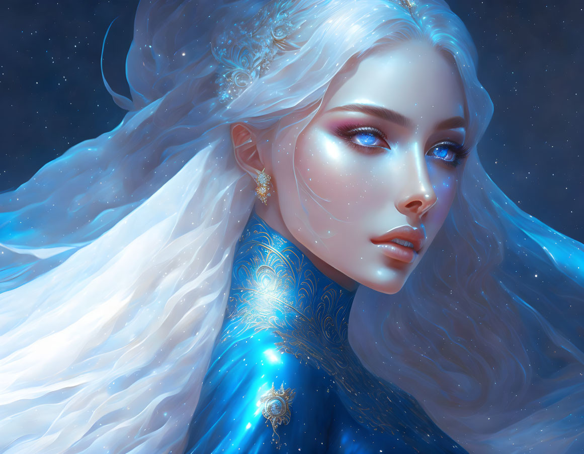 Ethereal woman with white hair and blue celestial gown
