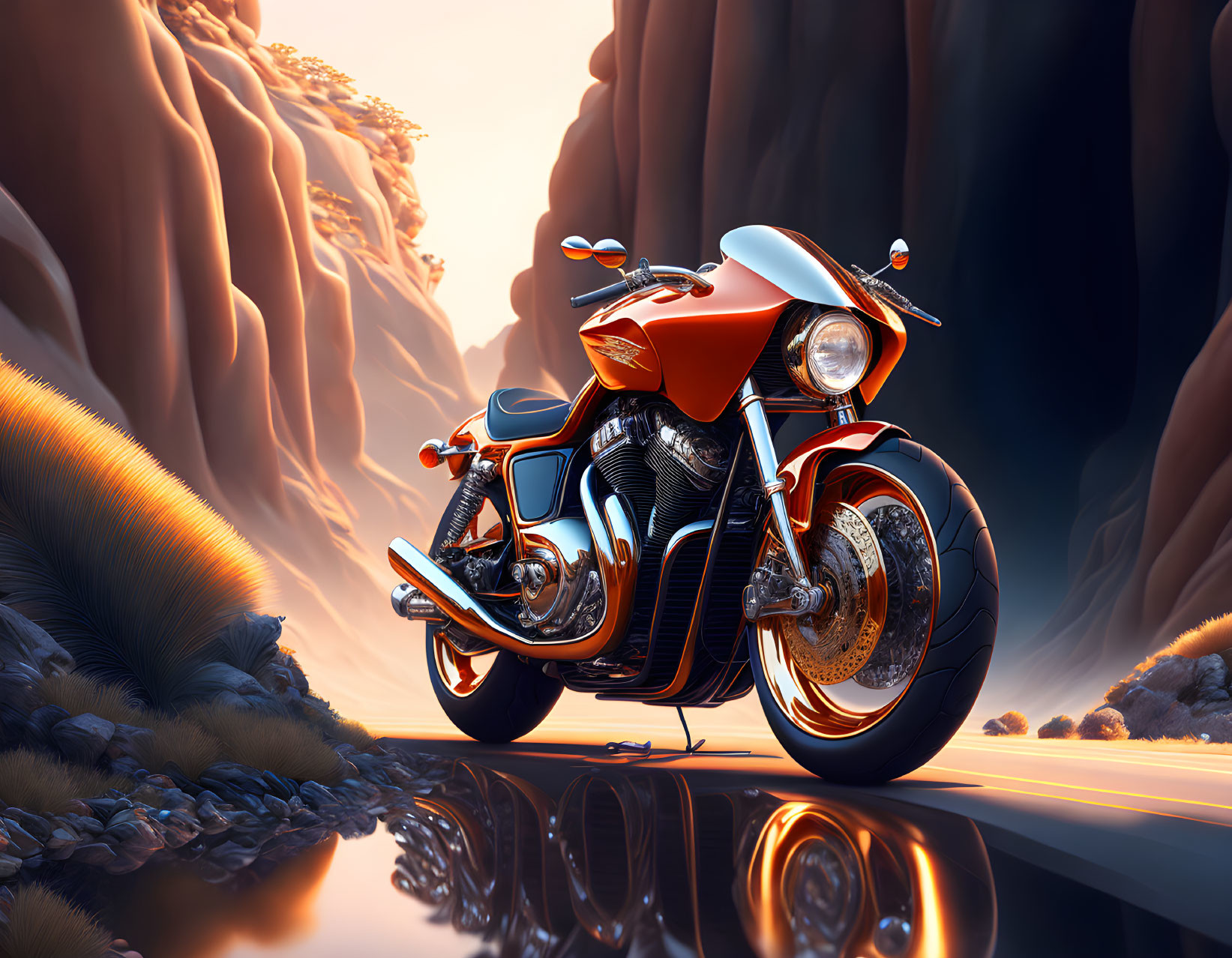 Orange Motorcycle Parked Among Rock Formations on Reflective Surface
