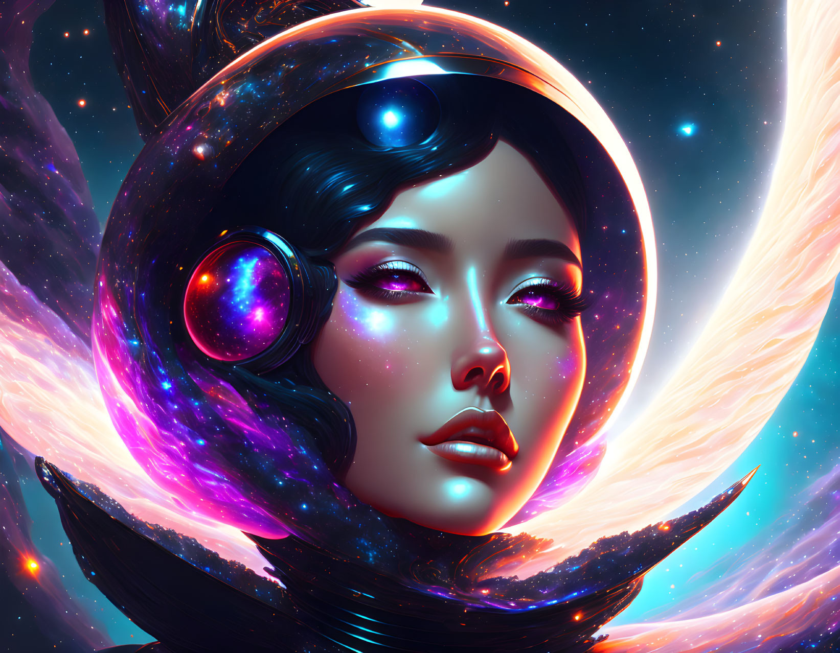 Digital artwork of woman with cosmic features in futuristic helmet against vibrant nebula.