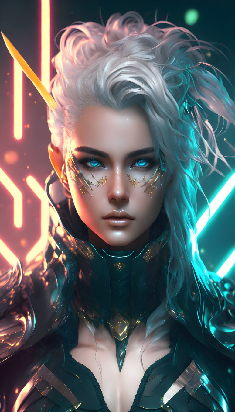 Stylized female character with white hair and gold adornments in futuristic neon-lit scene