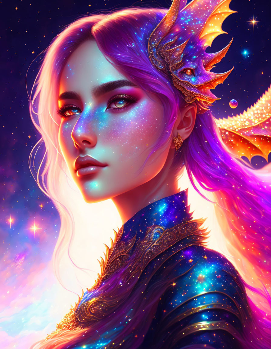 Fantasy illustration of woman with violet hair and cosmic skin with luminescent dragon on starry background