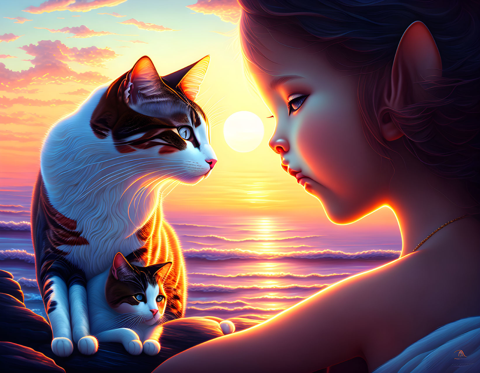 Digital artwork of girl with large cat and ocean sunset