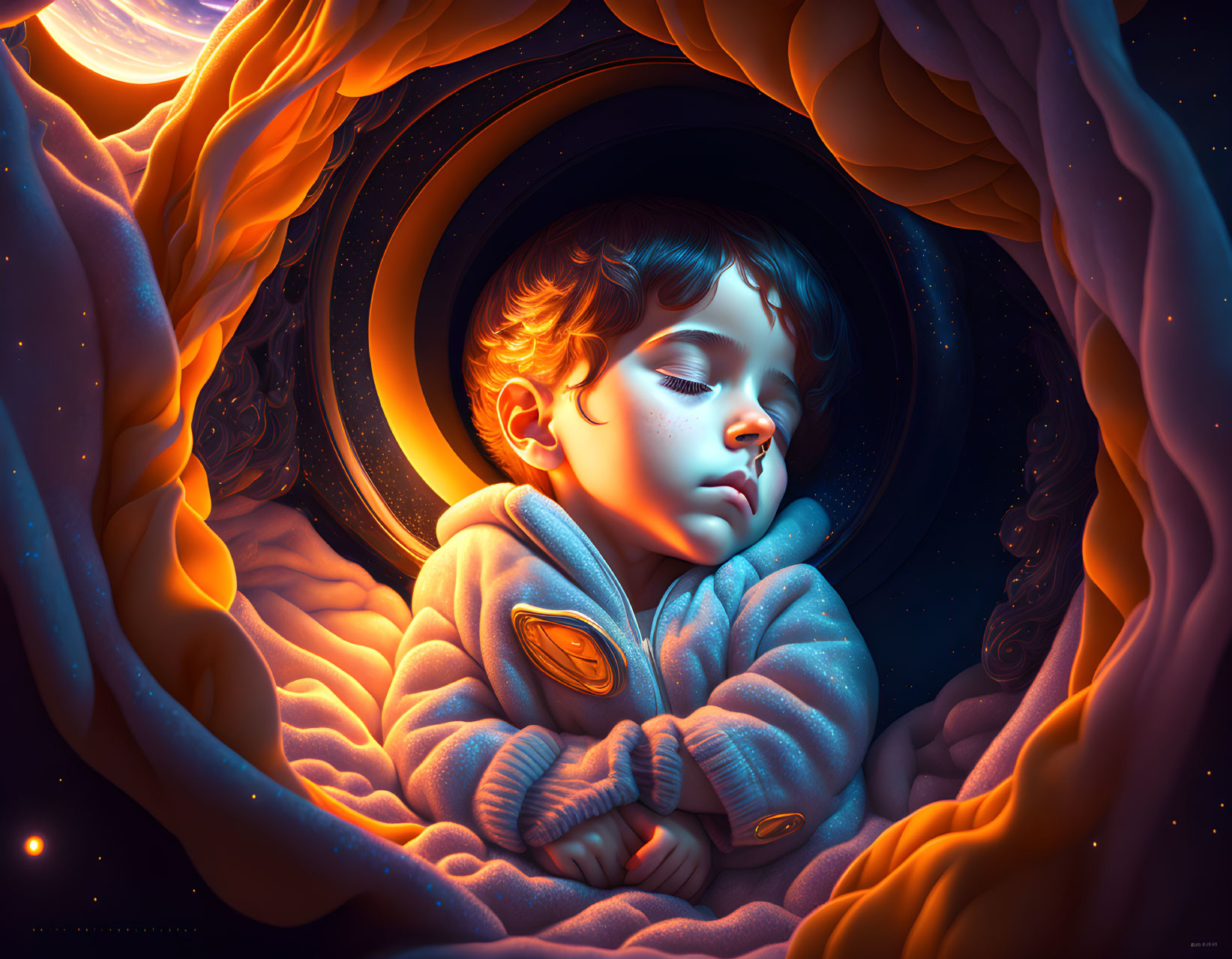 Sleeping Child Surrounded by Warm Cosmic Swirls and Stars