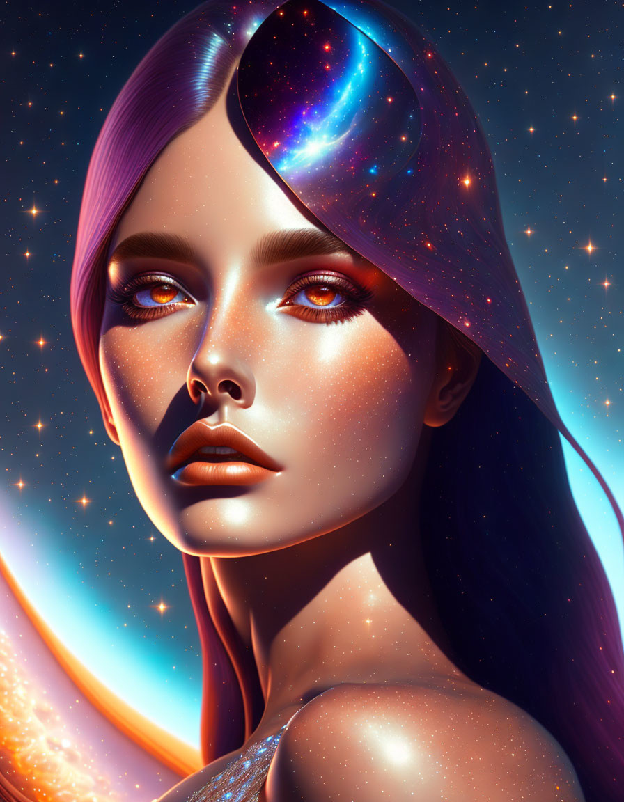 Cosmic-themed makeup portrait with celestial background