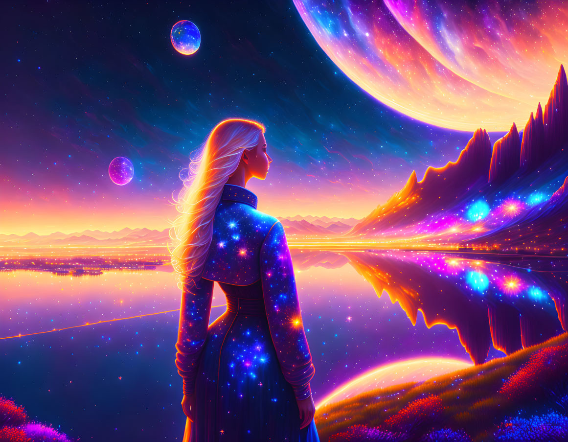 Woman in Star-Patterned Dress Observing Cosmic Landscape