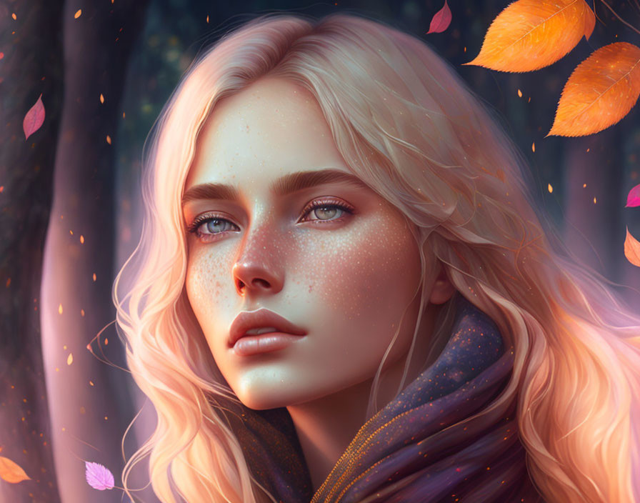 Blonde Woman with Blue Eyes Surrounded by Falling Orange Leaves