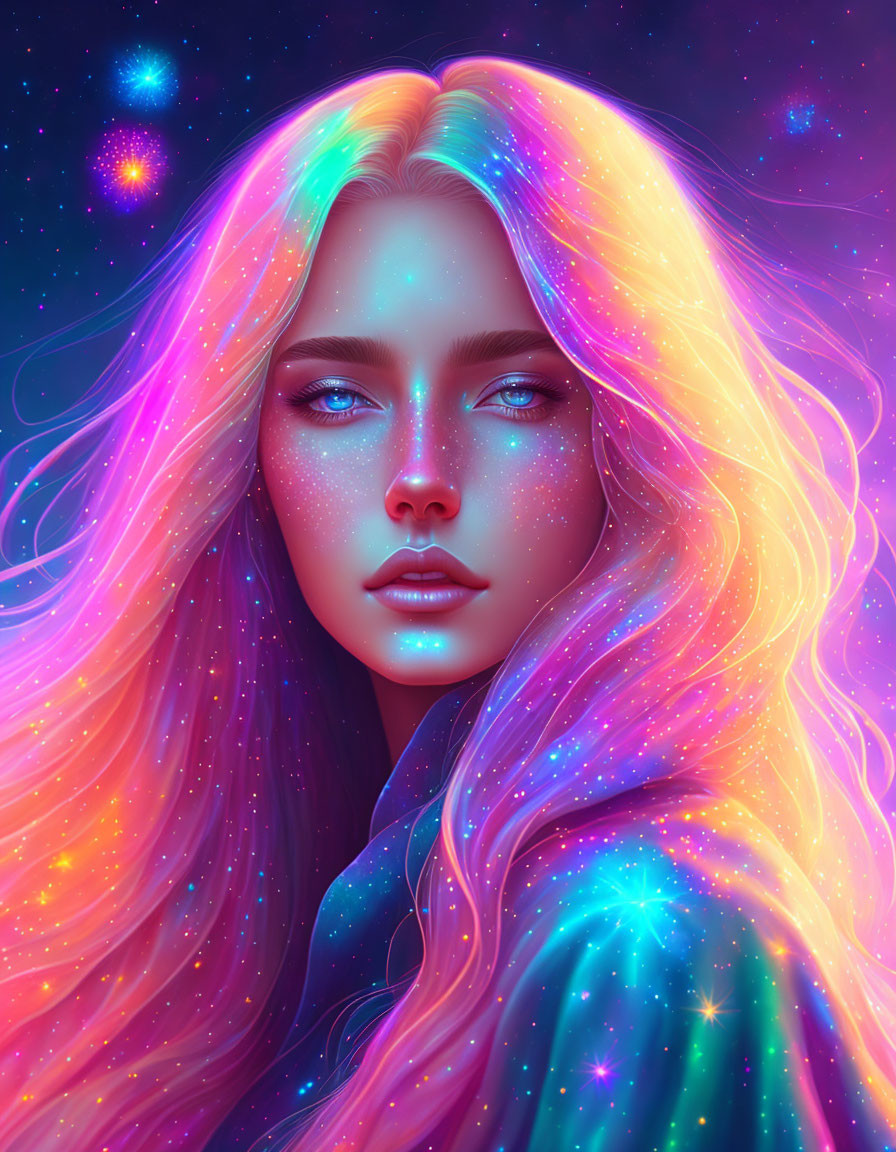 Colorful Digital Art Portrait of Woman with Rainbow Hair in Cosmic Setting