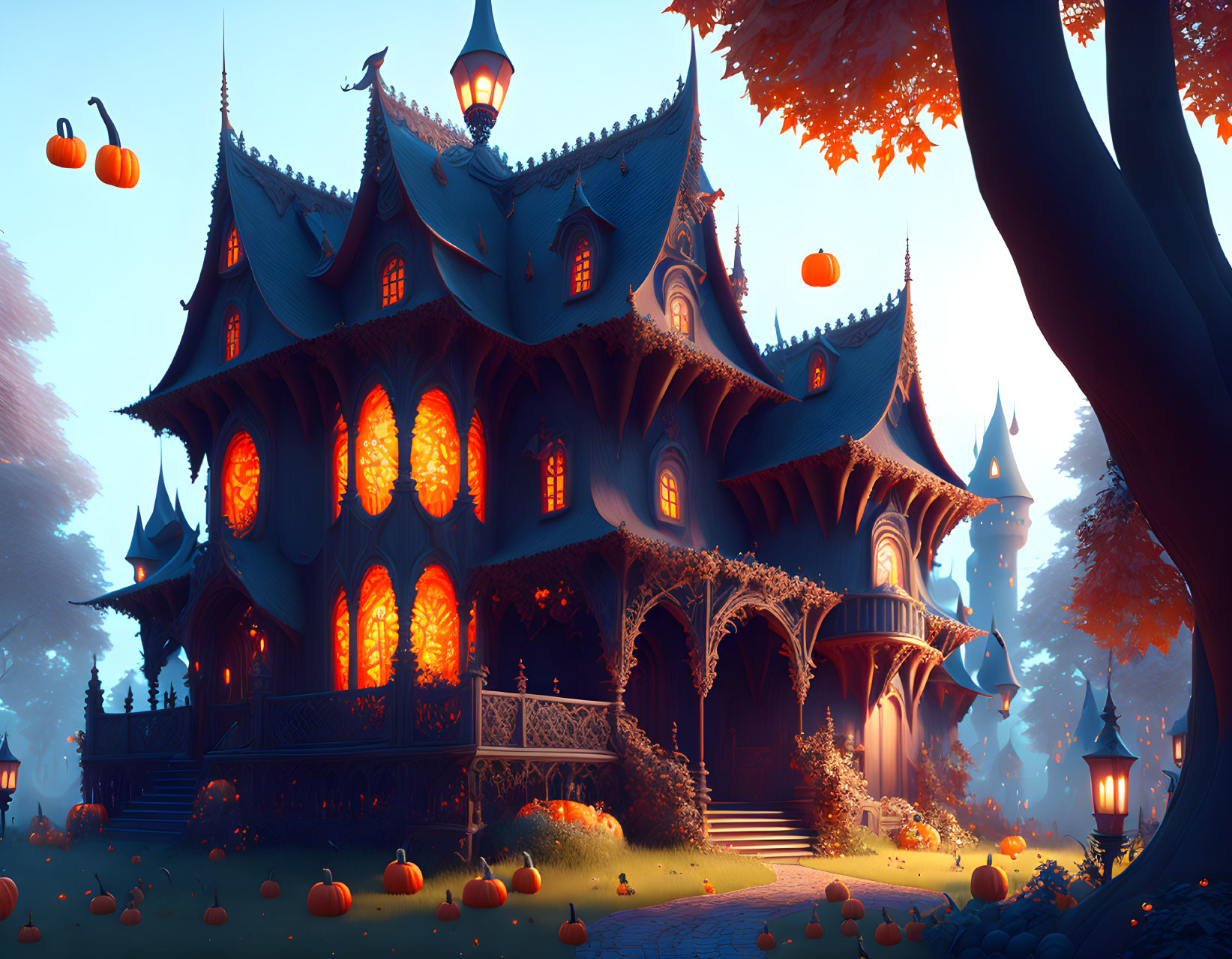 Eerie Gothic mansion in autumnal setting with floating pumpkins