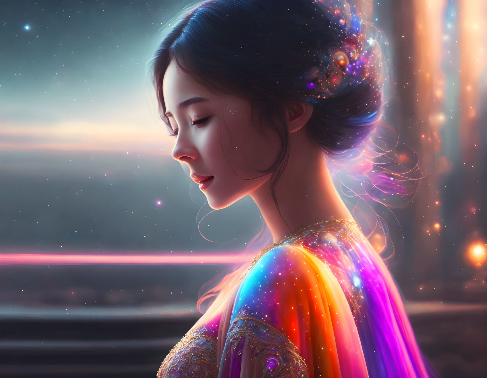Woman with star-infused hair and rainbow dress in cosmic setting