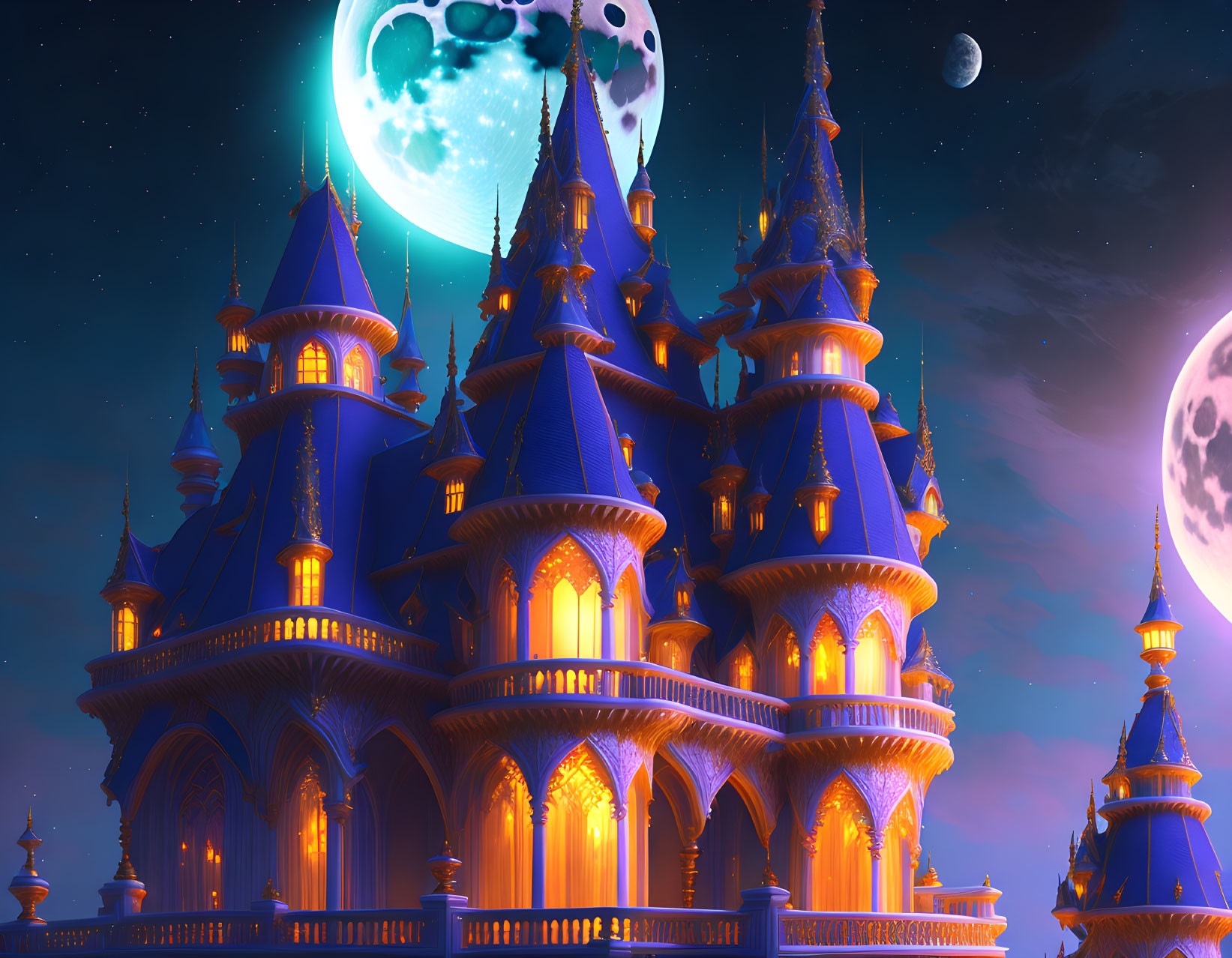 Majestic castle at night with glowing windows and dual moons