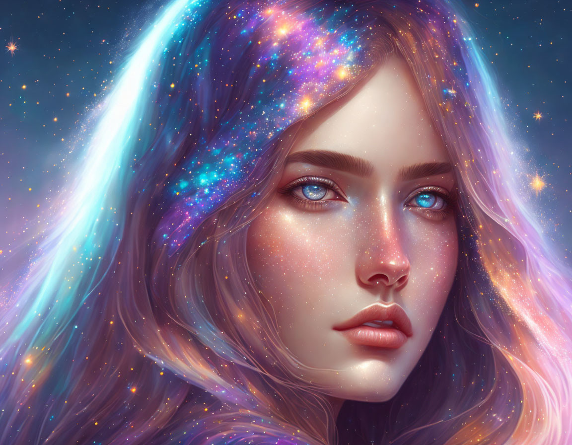 Cosmic-themed portrait of a woman with galaxy hair and blue eyes
