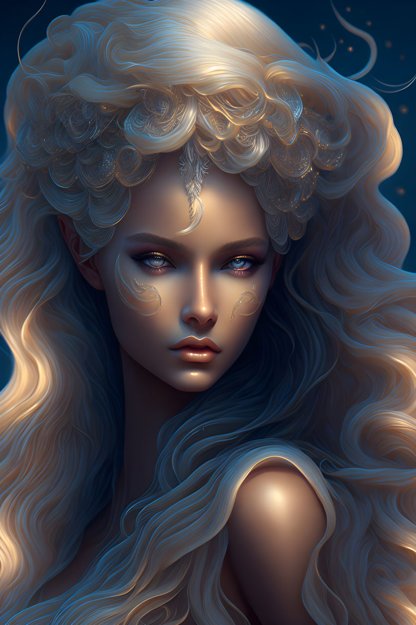Ethereal female figure with wavy blond hair on dark blue background