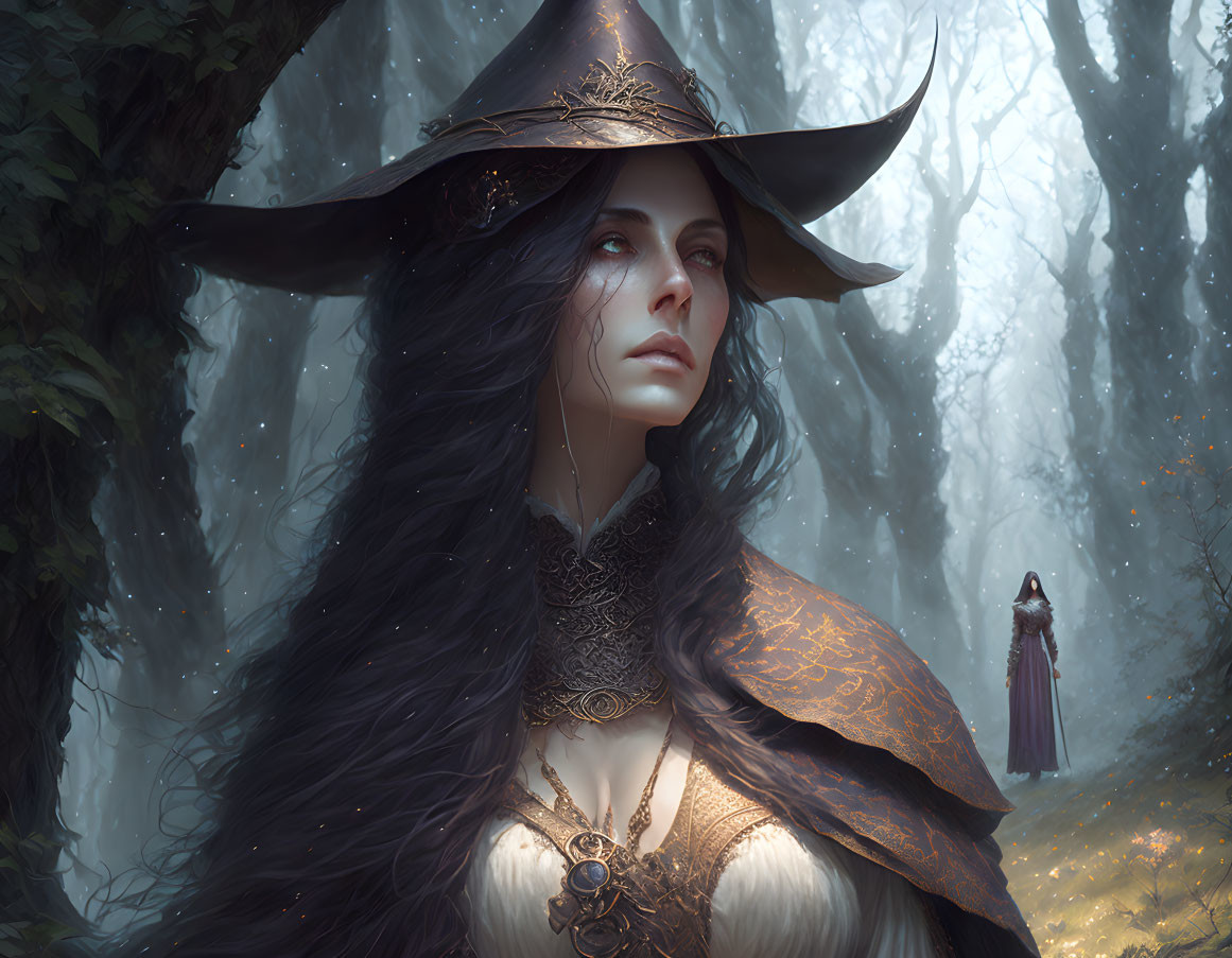 Mystical woman in ornate hat and cloak in foggy forest with another figure