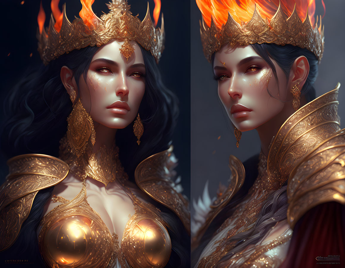 Digital illustration: Woman with flame crown and gold armor on dark background