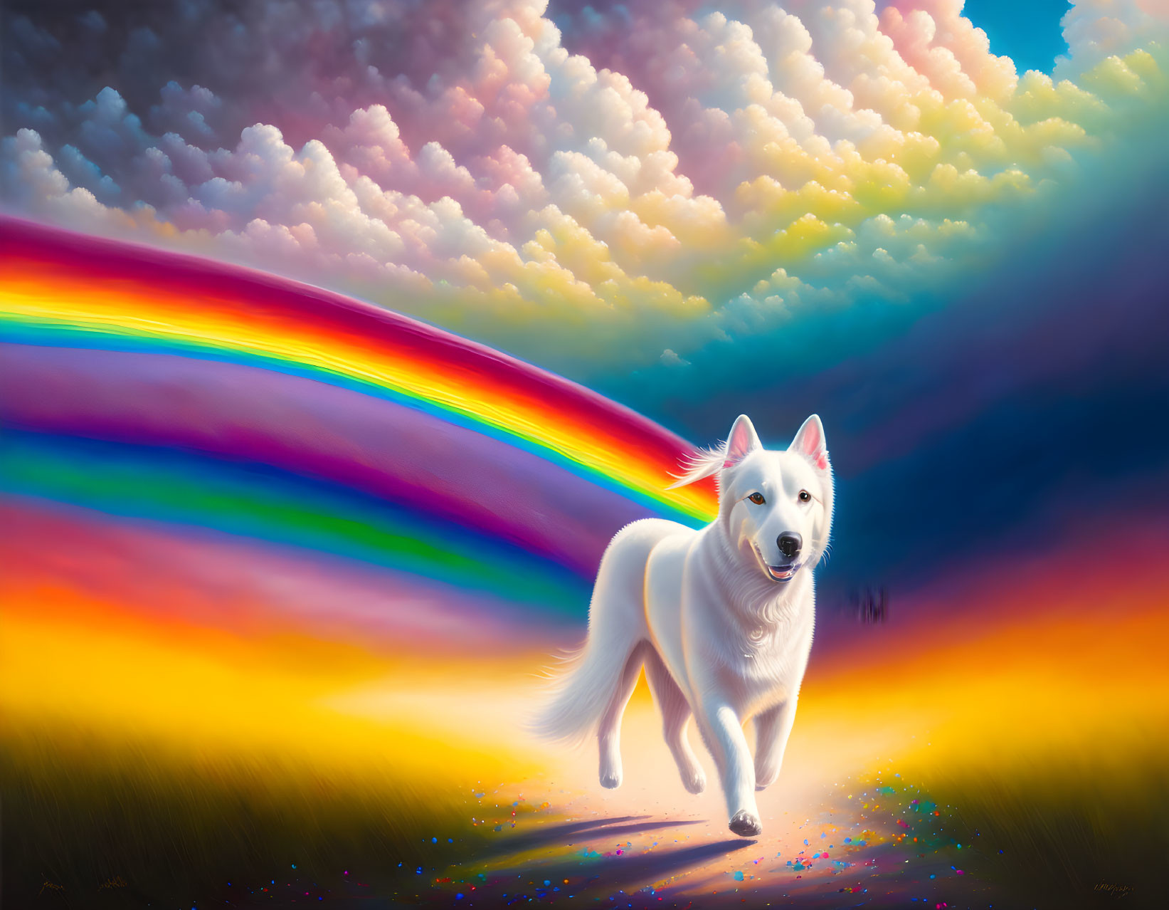 White Dog Walking on Vibrant Rainbow Landscape