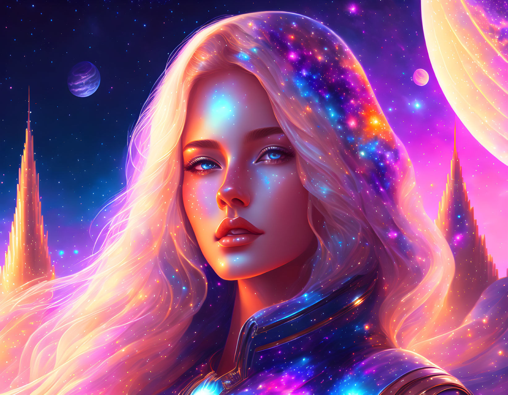 Digital artwork featuring woman with cosmic hair and space backdrop.