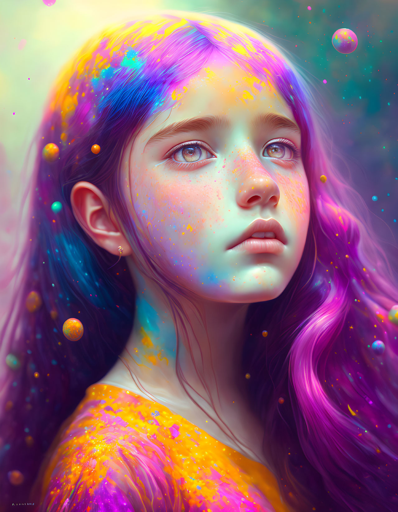 Vibrant purple-haired girl in dreamy digital portrait