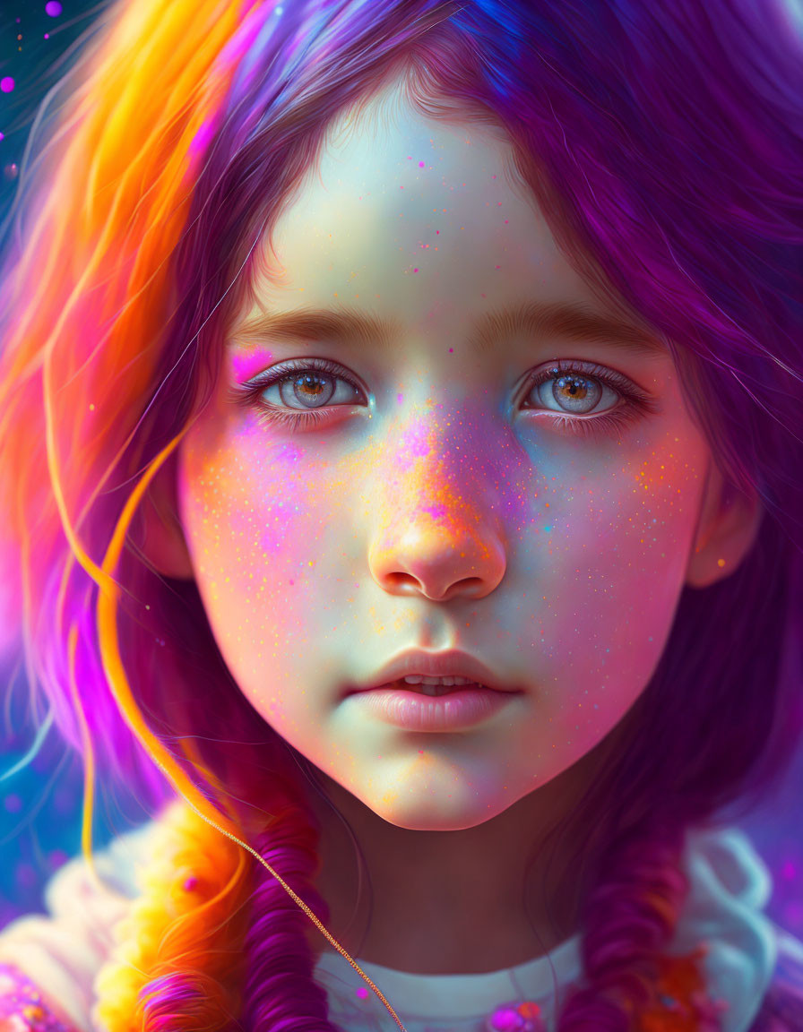 Young girl with multicolored hair and colorful speckles, gazing with blue eyes