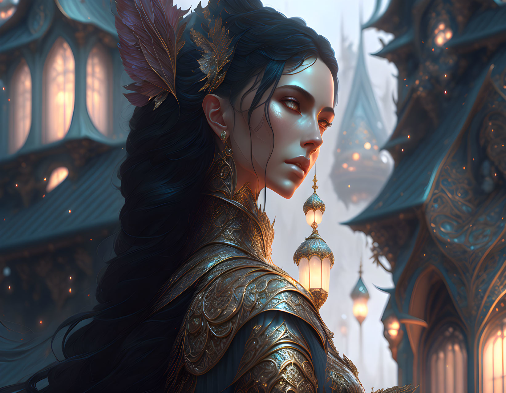 Fantasy digital artwork: Elven woman in golden armor against gothic background