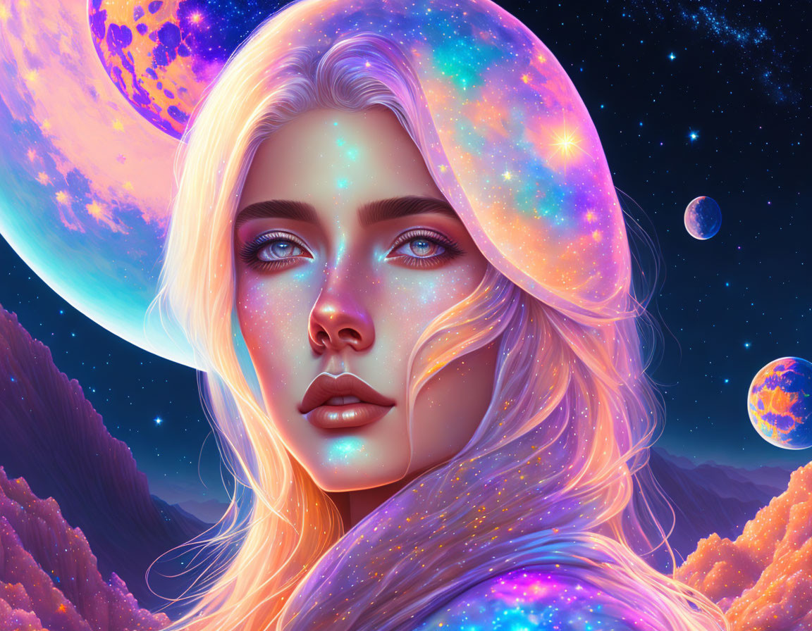 Cosmic fantasy portrait of a woman with starry features