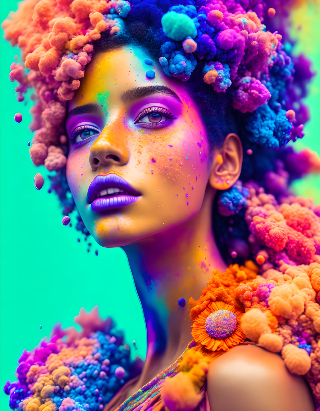Colorful portrait of woman with pom-poms, purple eyeshadow, neon backdrop