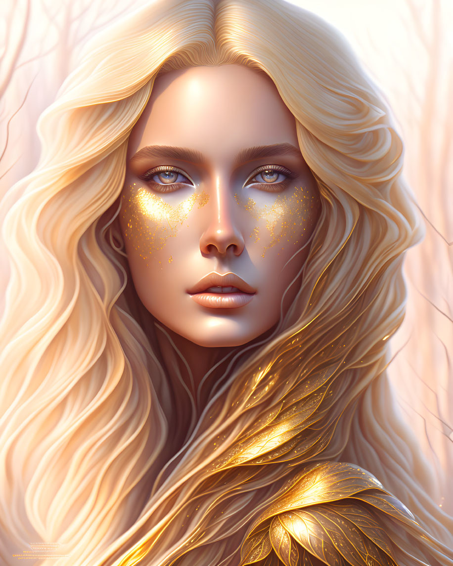 Golden-haired woman with gold leaf makeup on soft pink backdrop.