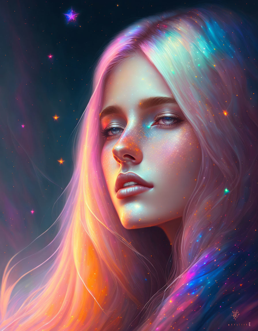 Digital artwork: Woman with galaxy-themed skin and hair in cosmic setting