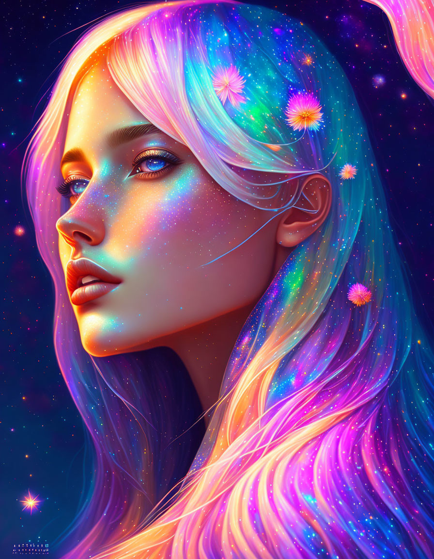 Vibrant digital artwork: Female figure with galaxy hair and glowing flowers