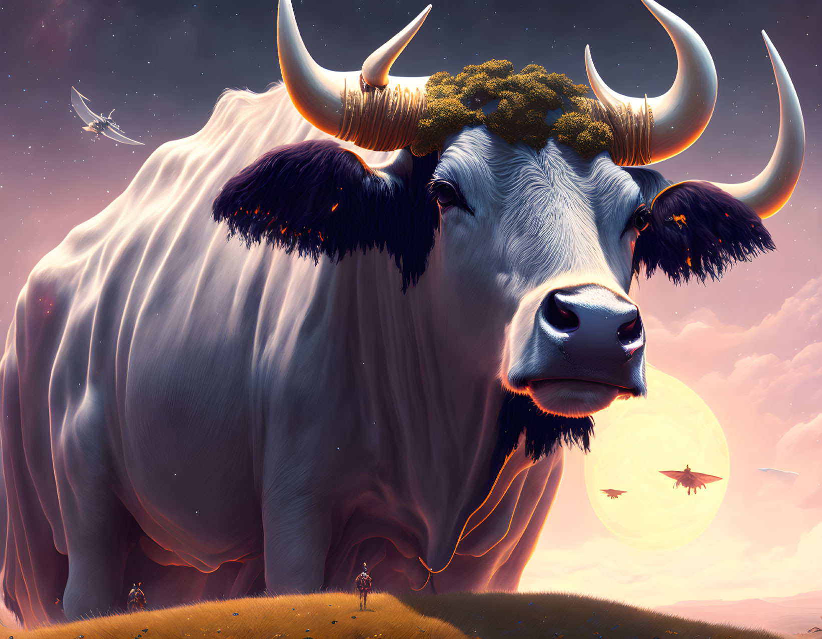 Whimsical illustration of giant bull with trees under sunset sky