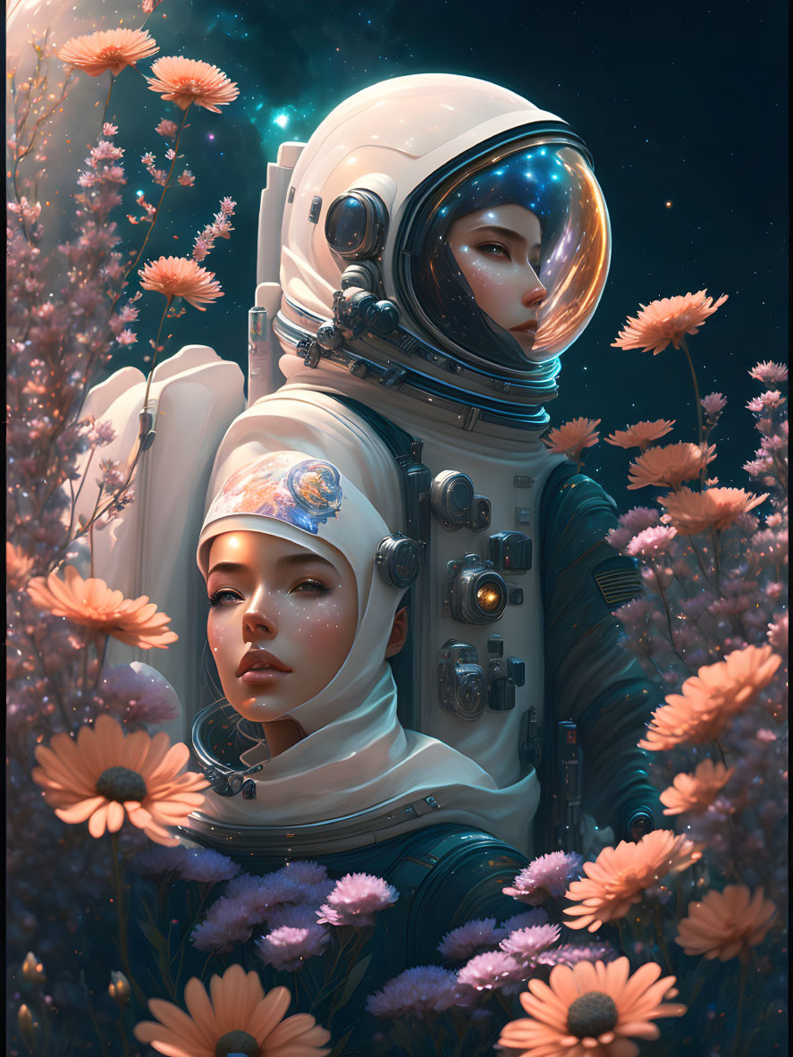 Astronaut in white spacesuit and person in headscarf with pink flowers on starry background