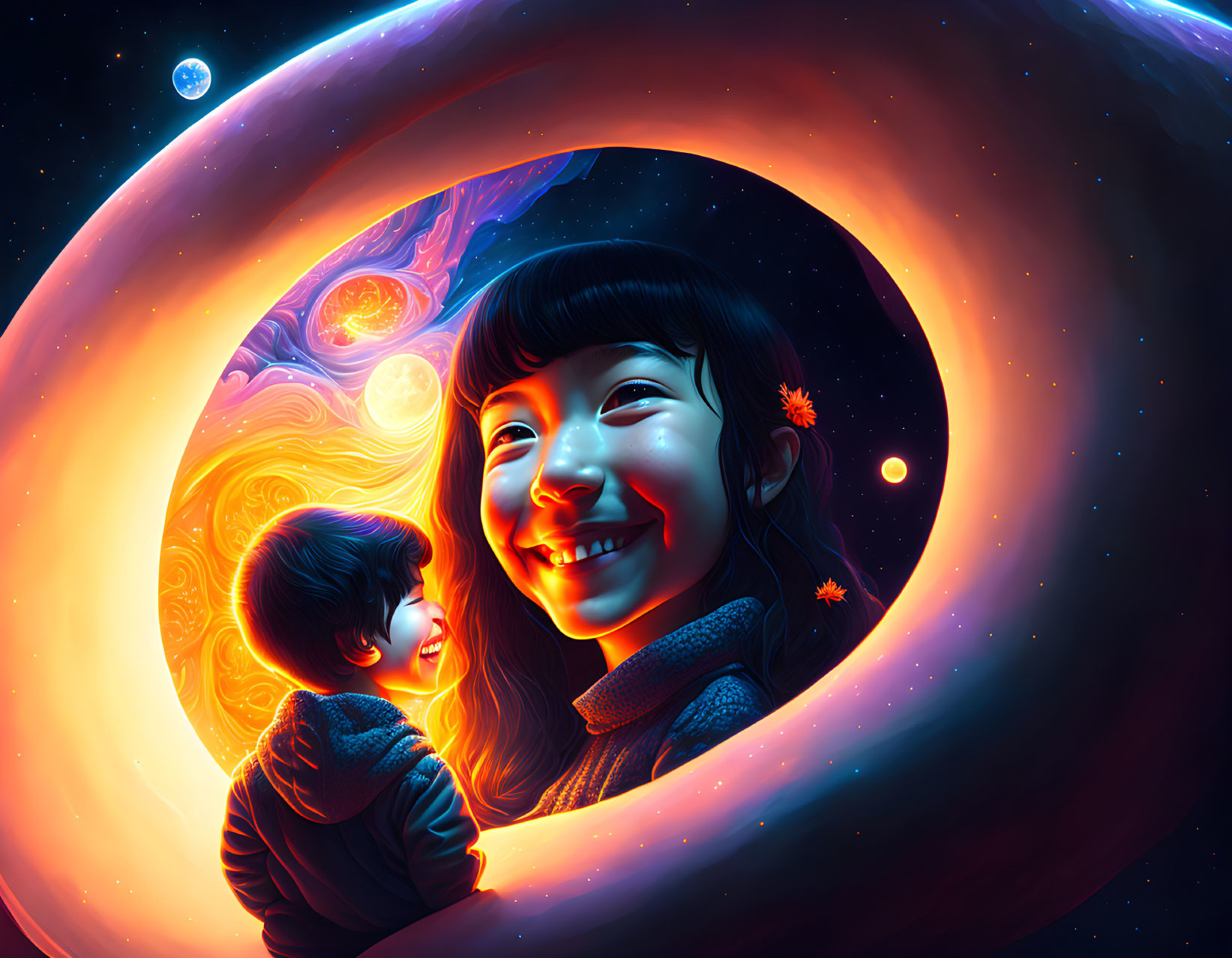 Smiling children in cosmic swirl with stars and planets