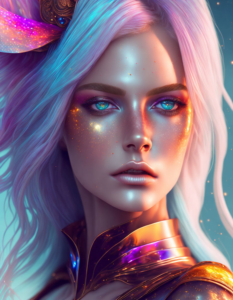 Digital portrait of female figure with galaxy-themed makeup, blue eyes, pink hair, and golden shoulder armor