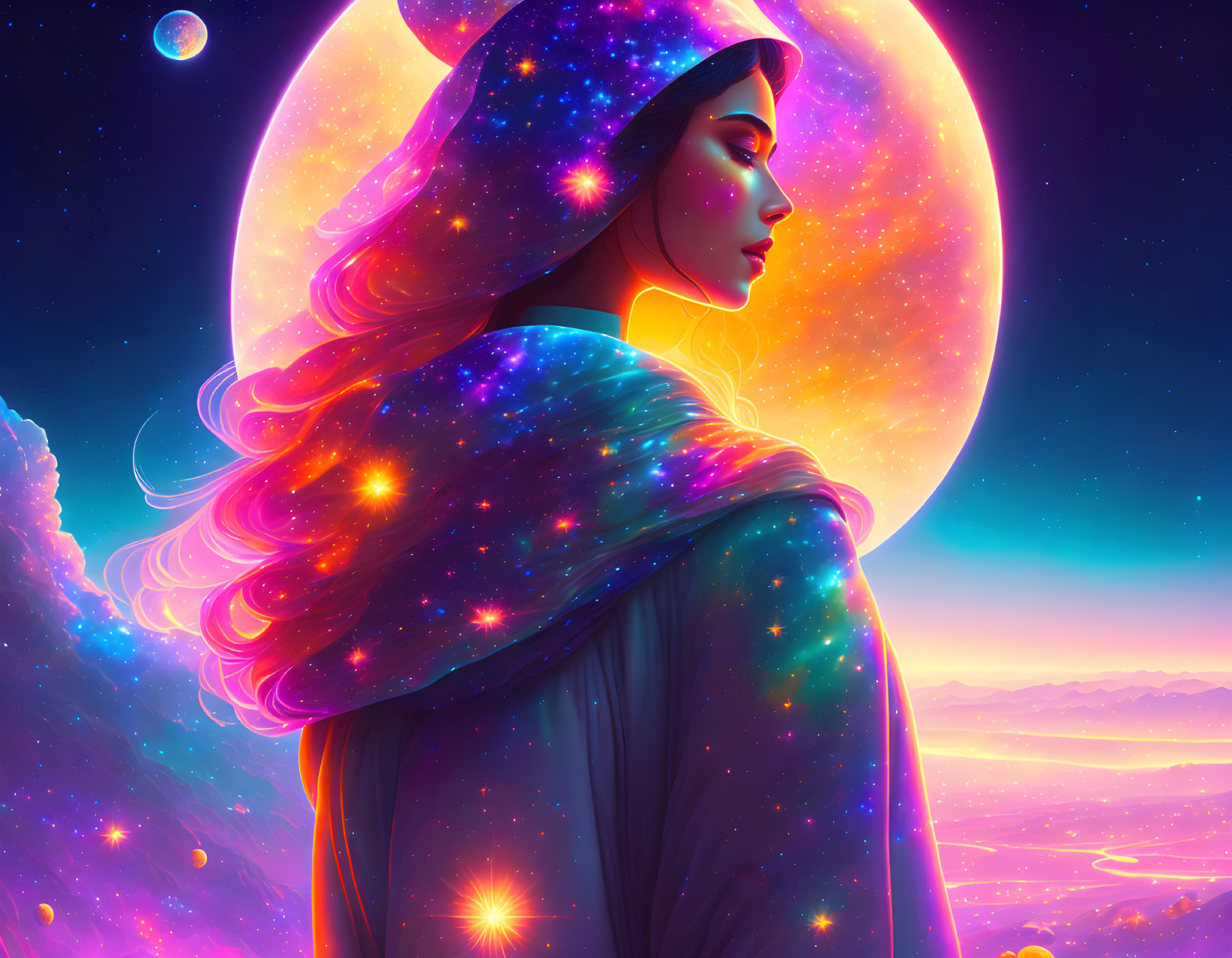 Woman's profile with cosmic theme: star-adorned hair and cloak, set against moon and neb