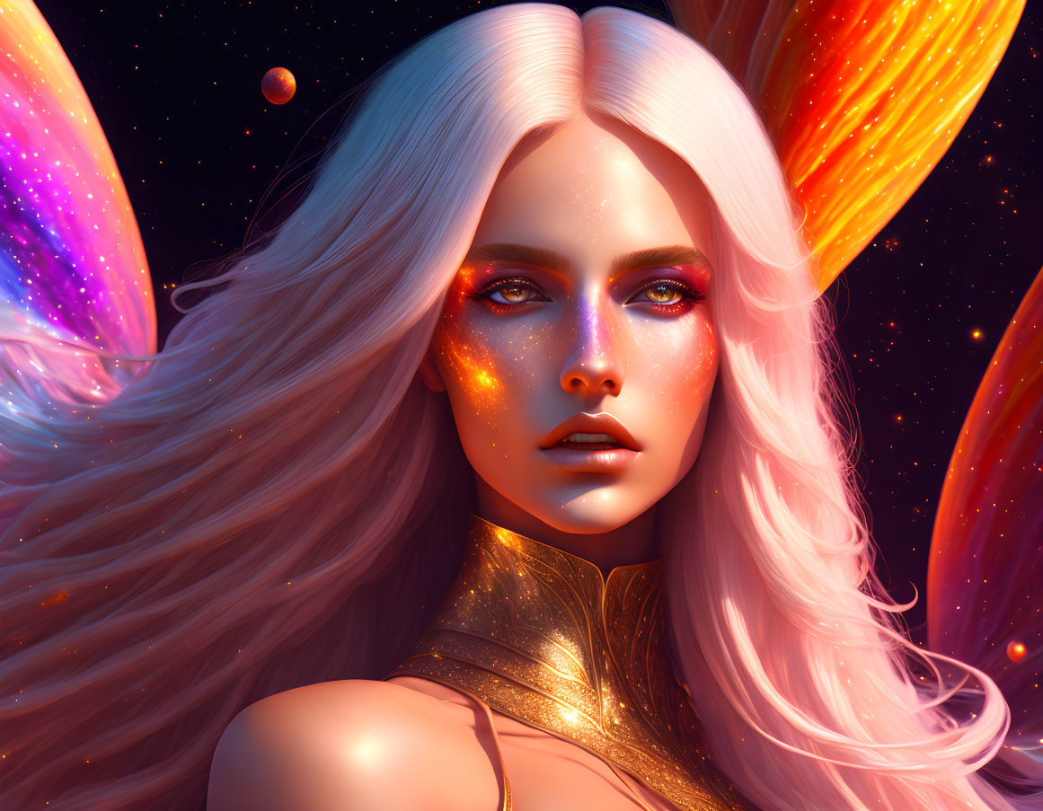 White-haired woman with glowing, star-speckled skin in cosmic artwork.
