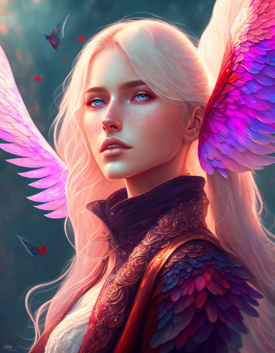 Digital Artwork: Woman with White Hair, Blue Eyes, Pink Wings, and Red Butterflies