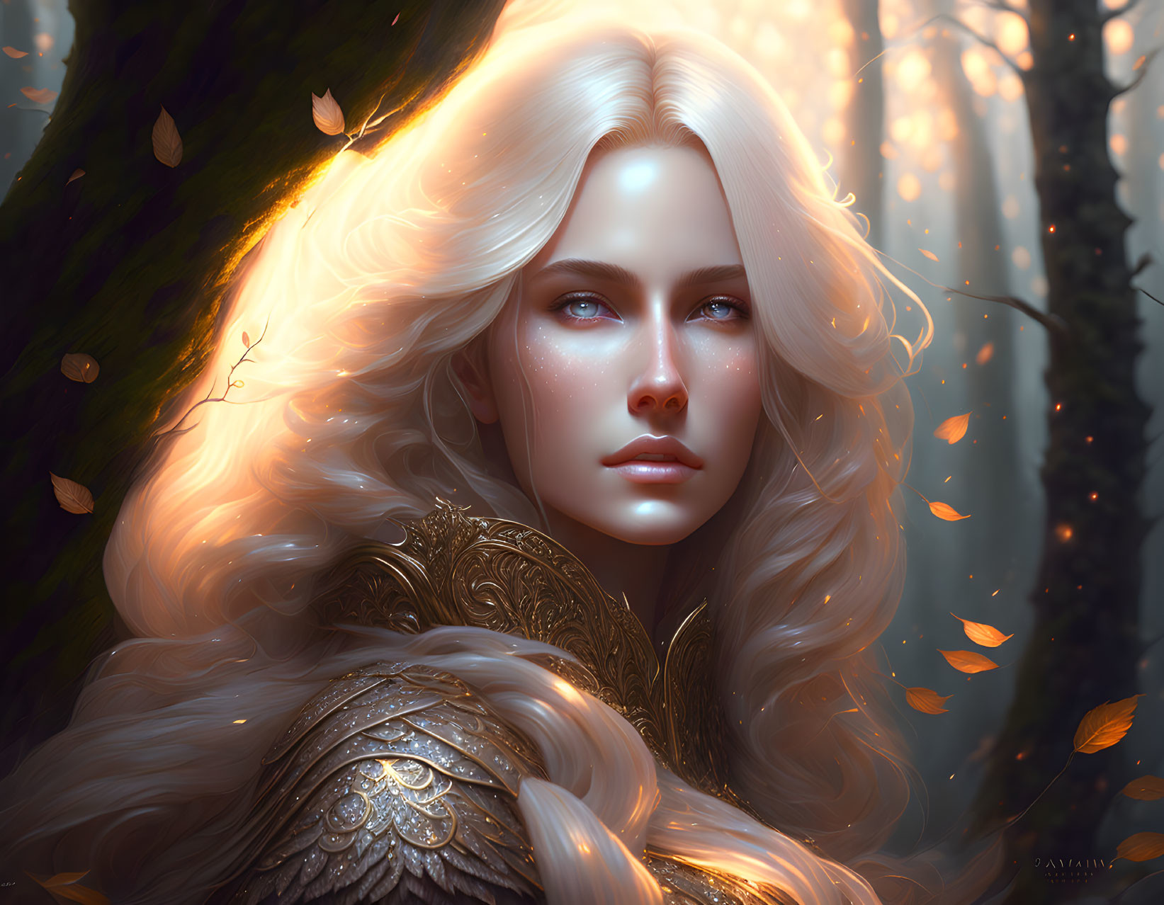 Fantasy portrait of woman with platinum blonde hair in gold armor, set in autumn forest