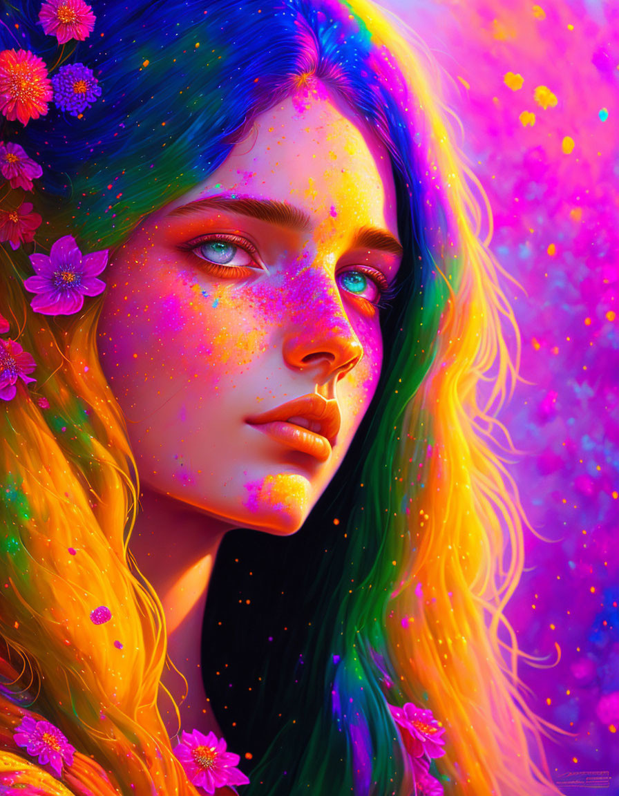 Colorful digital portrait of woman with multicolored hair and blue eyes in floral setting.