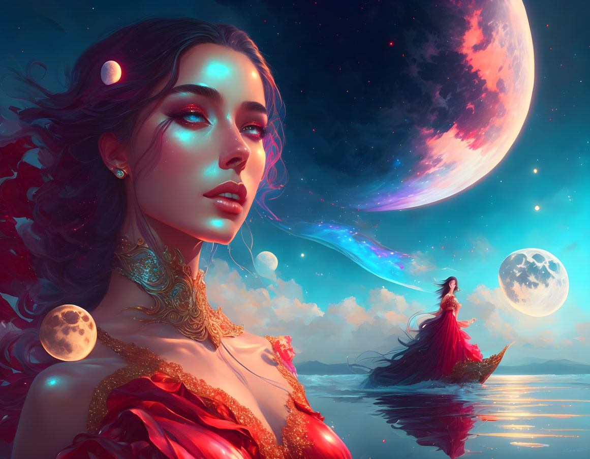 Vibrant portrait of a woman in red attire with surreal cosmic backdrop