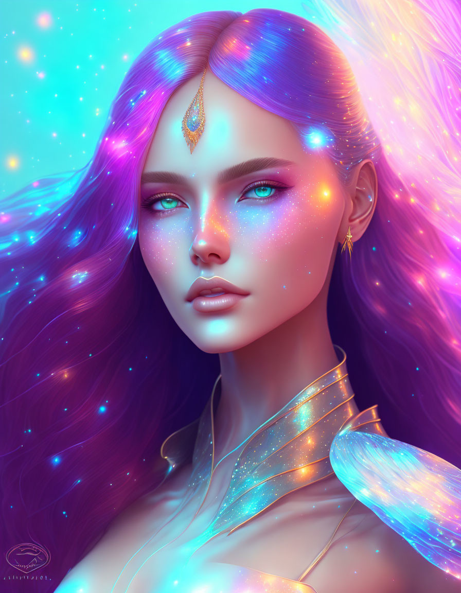 Illustration of Woman with Blue-Purple Hair and Cosmic Background