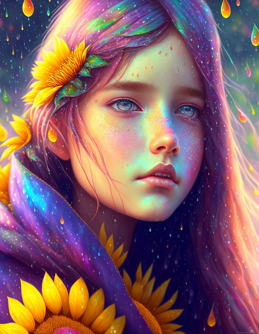 Young Girl with Blue Eyes and Sunflower Petals in Hair Surrounded by Colors and Raindrops
